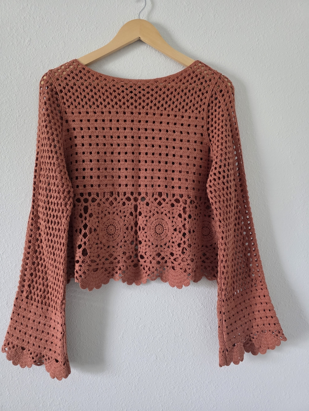 Women's Crochet Openwork Long-Sleeve Top - Rust
